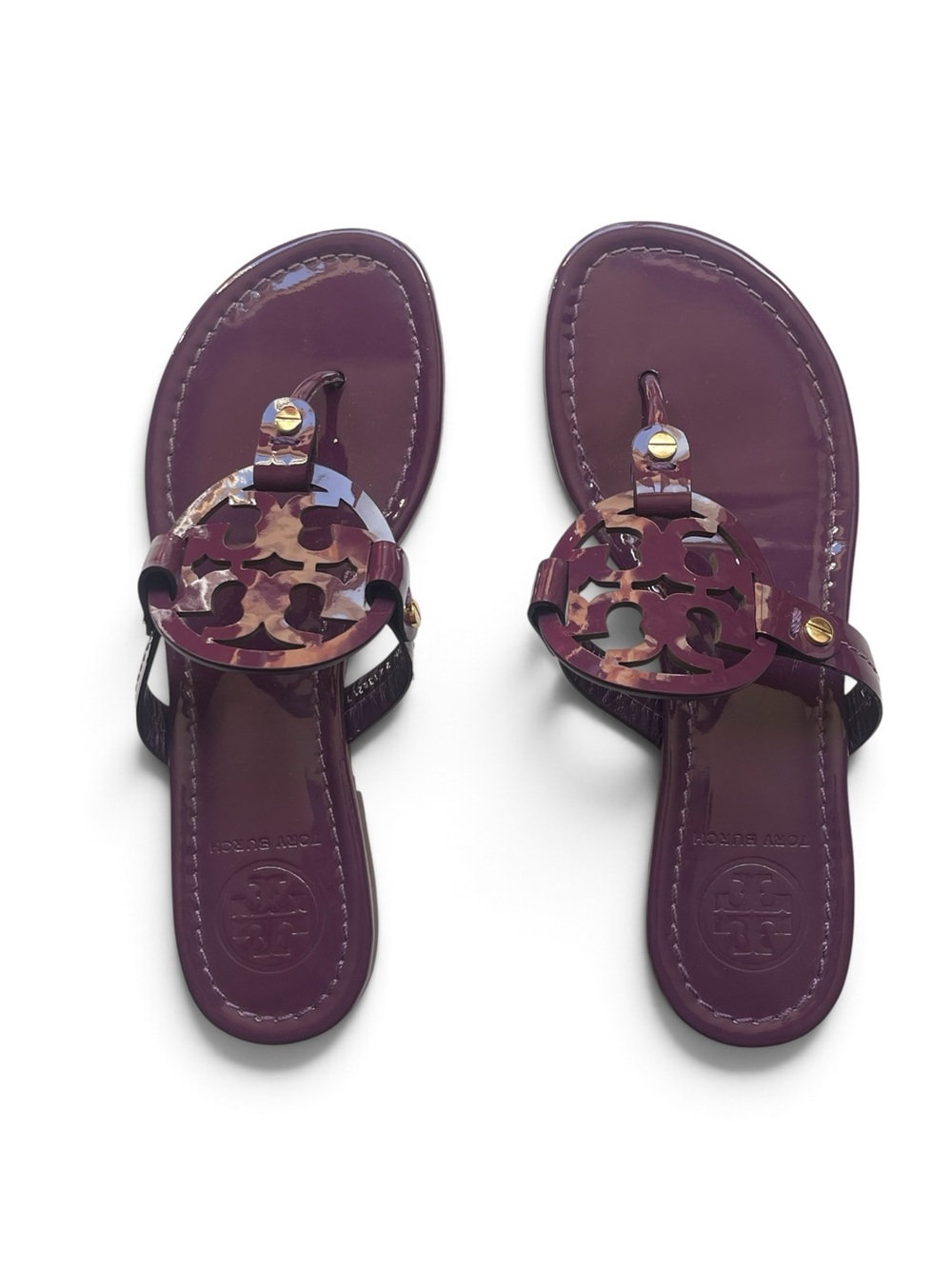 Tory Burch Miller Patent Sandal Glossy Purple Merlot laser double T logo
